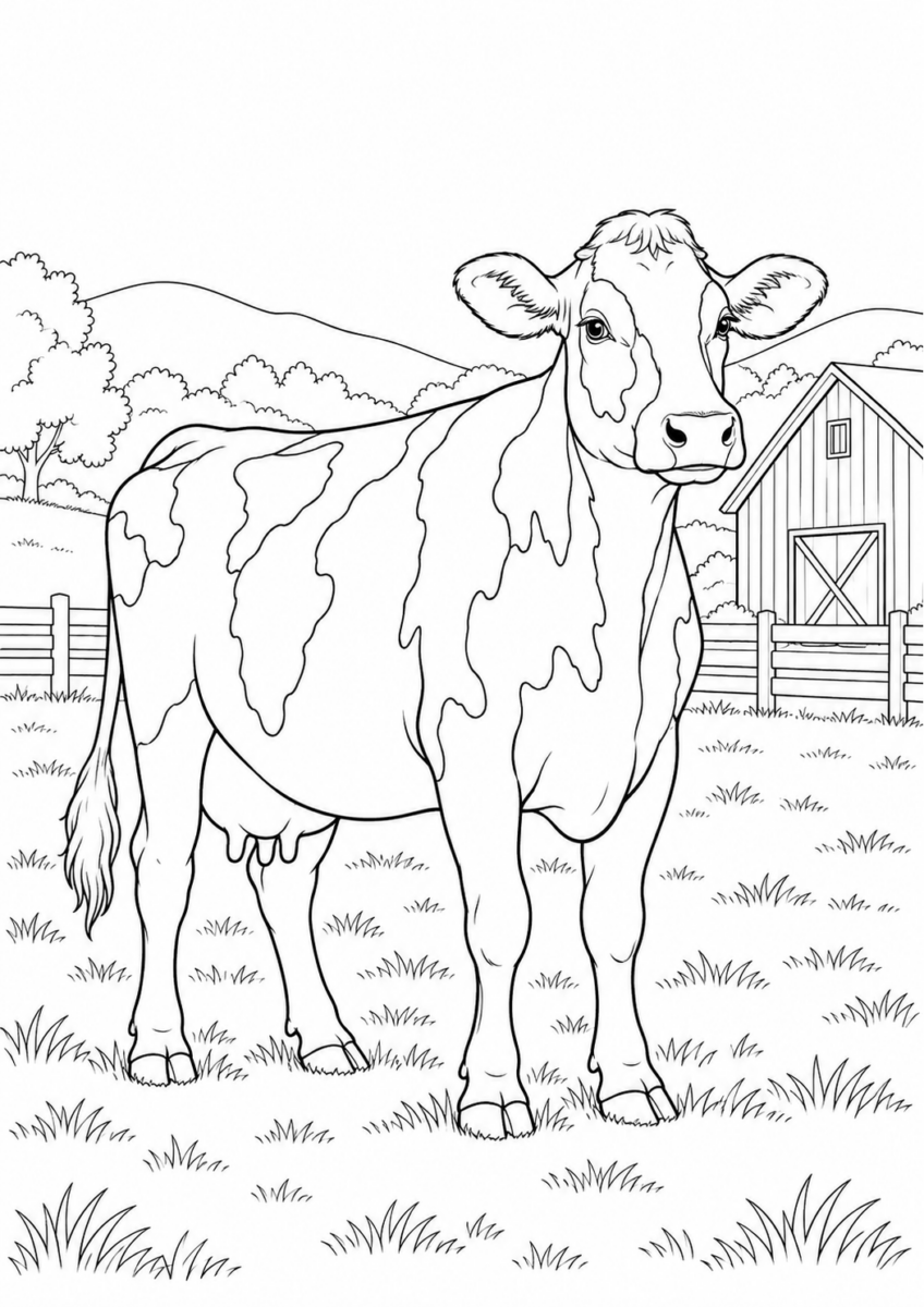 牧場の乳牛を描いた高齢者向けの白黒線画塗り絵