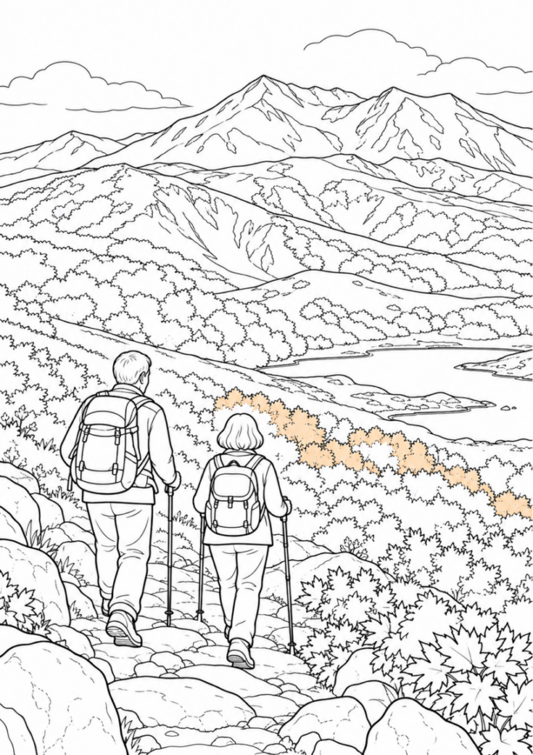 大雪山の紅葉を10月の場面として描いた高齢者向けの白黒線画塗り絵