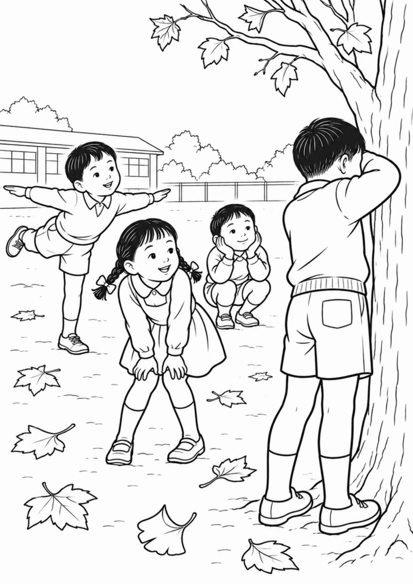 落ち葉のある校庭で、木に向いた鬼役の子どもと、動きを止めて様々な姿勢を取る三人の子どもを大きく描く様子を、太く見やすい黒線で描いた高齢者向け塗り絵