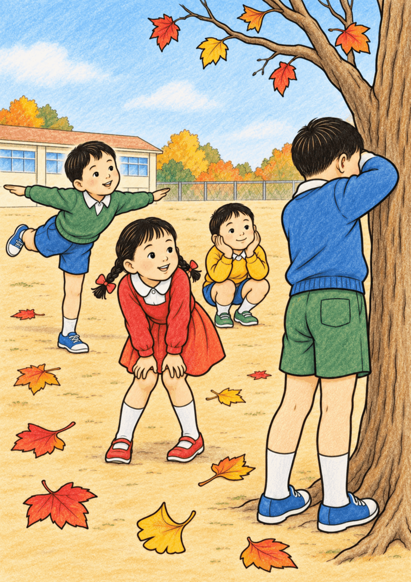 落ち葉のある校庭で、木に向いた鬼役の子どもと、動きを止めて様々な姿勢を取る三人の子どもを大きく描く同じ構図を、黄土色の校庭、赤黄の落ち葉、落ち着いた青、赤、緑の服でやさしく彩った着色見本