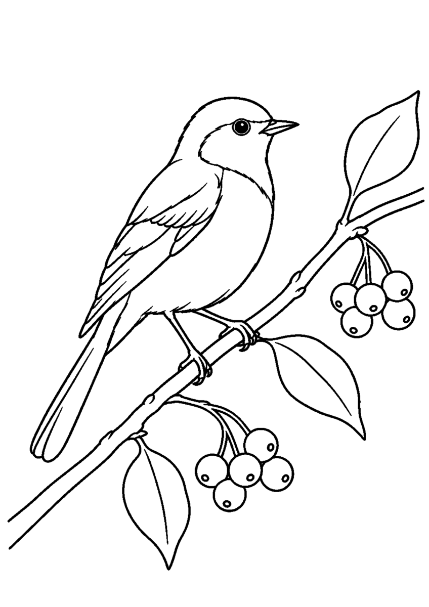 赤い実の枝にジョウビタキが一羽とまる高齢者向けの白黒塗り絵