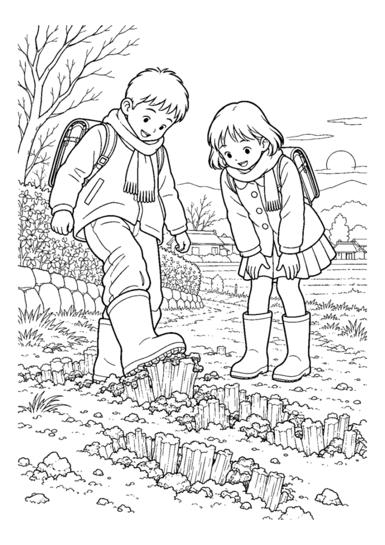 霜柱を踏む通学路を大きく描いた高齢者向けの白黒塗り絵