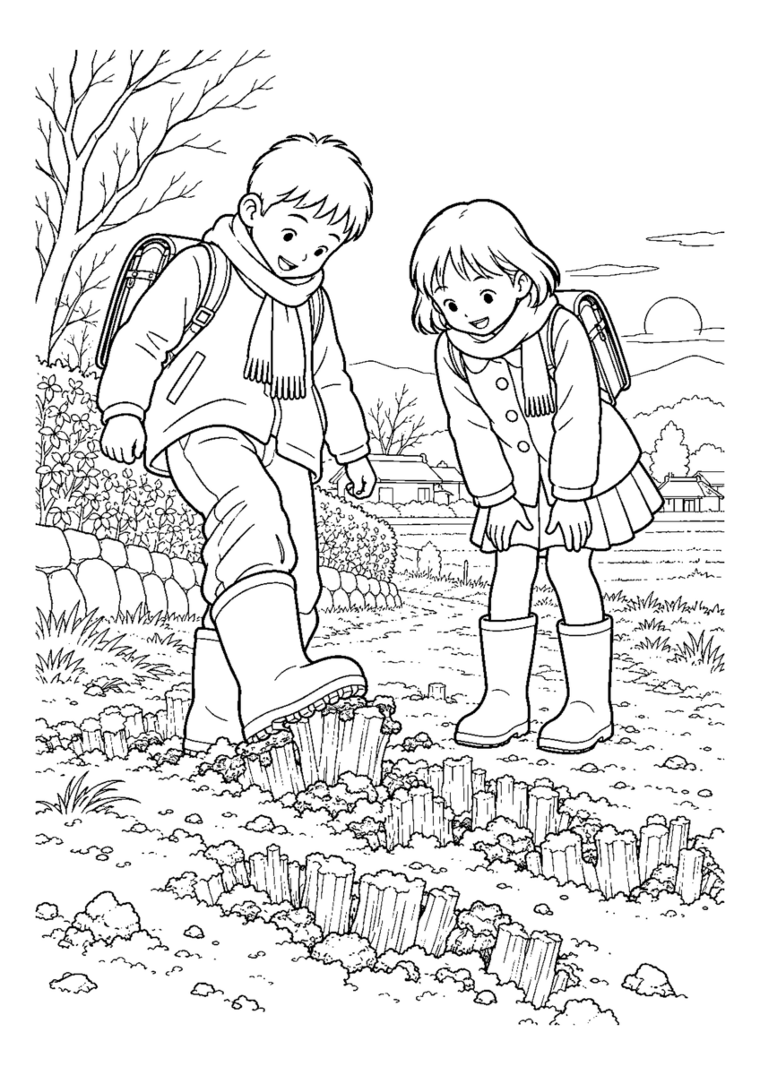 霜柱を踏む通学路を大きく描いた高齢者向けの白黒塗り絵