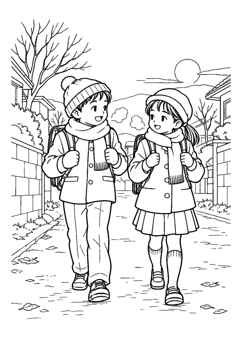 白い息の朝の登校を大きく描いた高齢者向けの白黒塗り絵