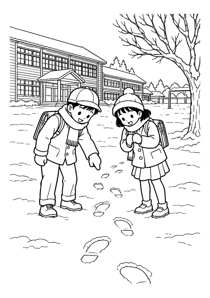 校庭に積もった初雪を大きく描いた高齢者向けの白黒塗り絵