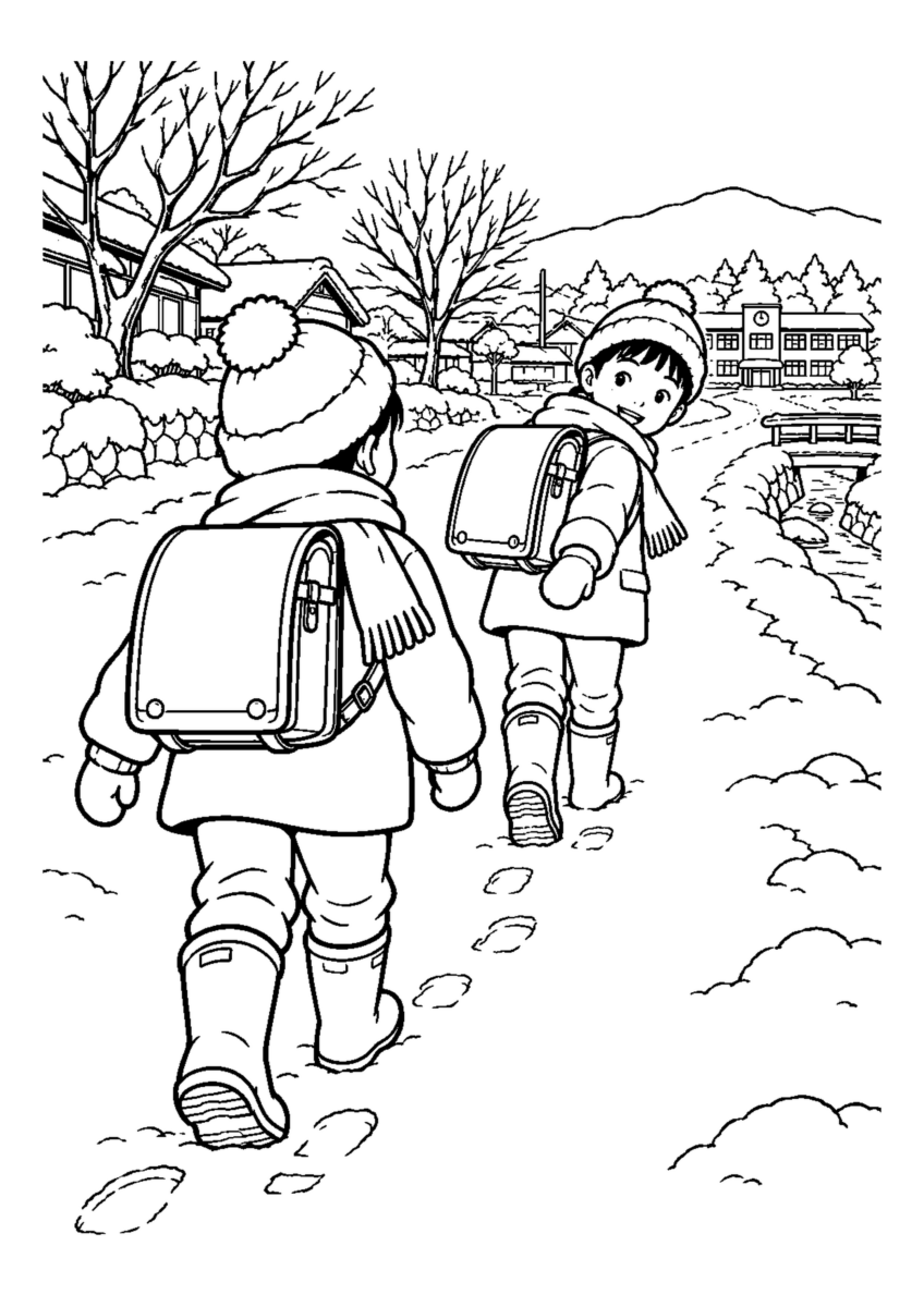 長靴で歩く雪の通学路を大きく描いた高齢者向けの白黒塗り絵
