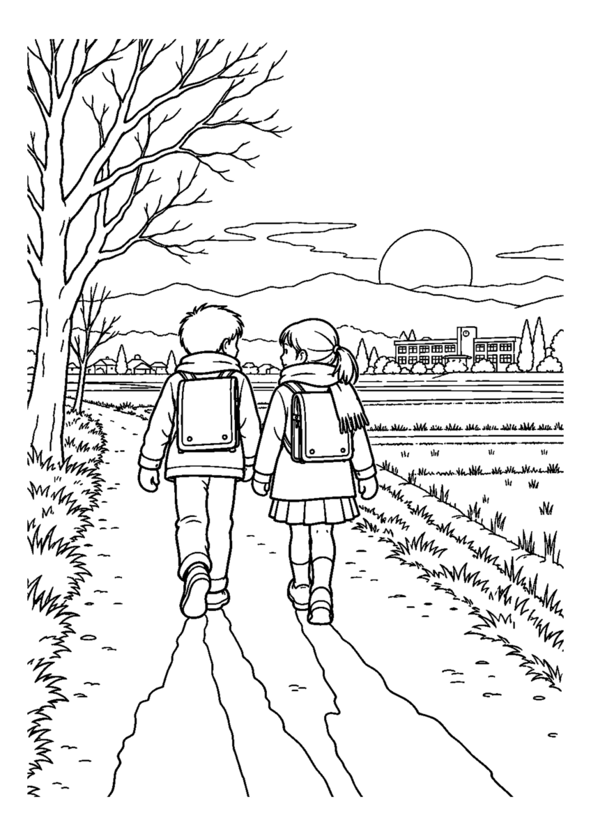 冬夕焼けの学校帰りを大きく描いた高齢者向けの白黒塗り絵