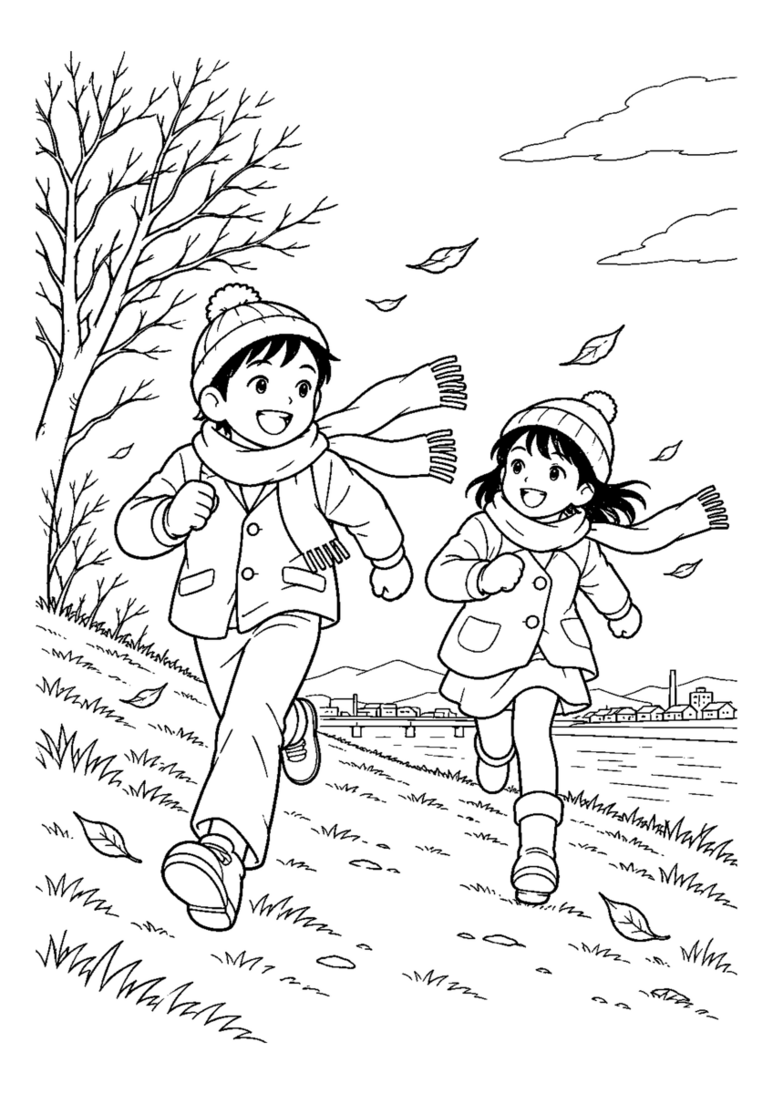 木枯らしの土手を走るを大きく描いた高齢者向けの白黒塗り絵