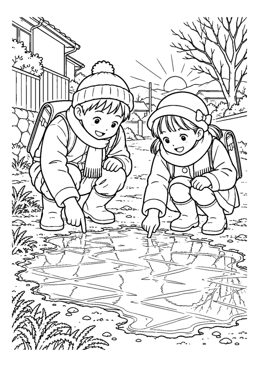 凍った水たまりをのぞくを大きく描いた高齢者向けの白黒塗り絵