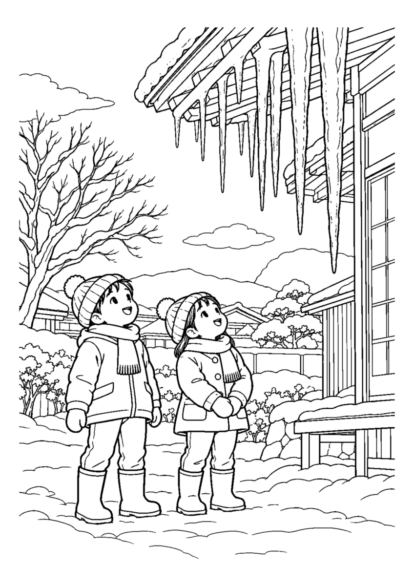 軒下のつららを見上げるを大きく描いた高齢者向けの白黒塗り絵