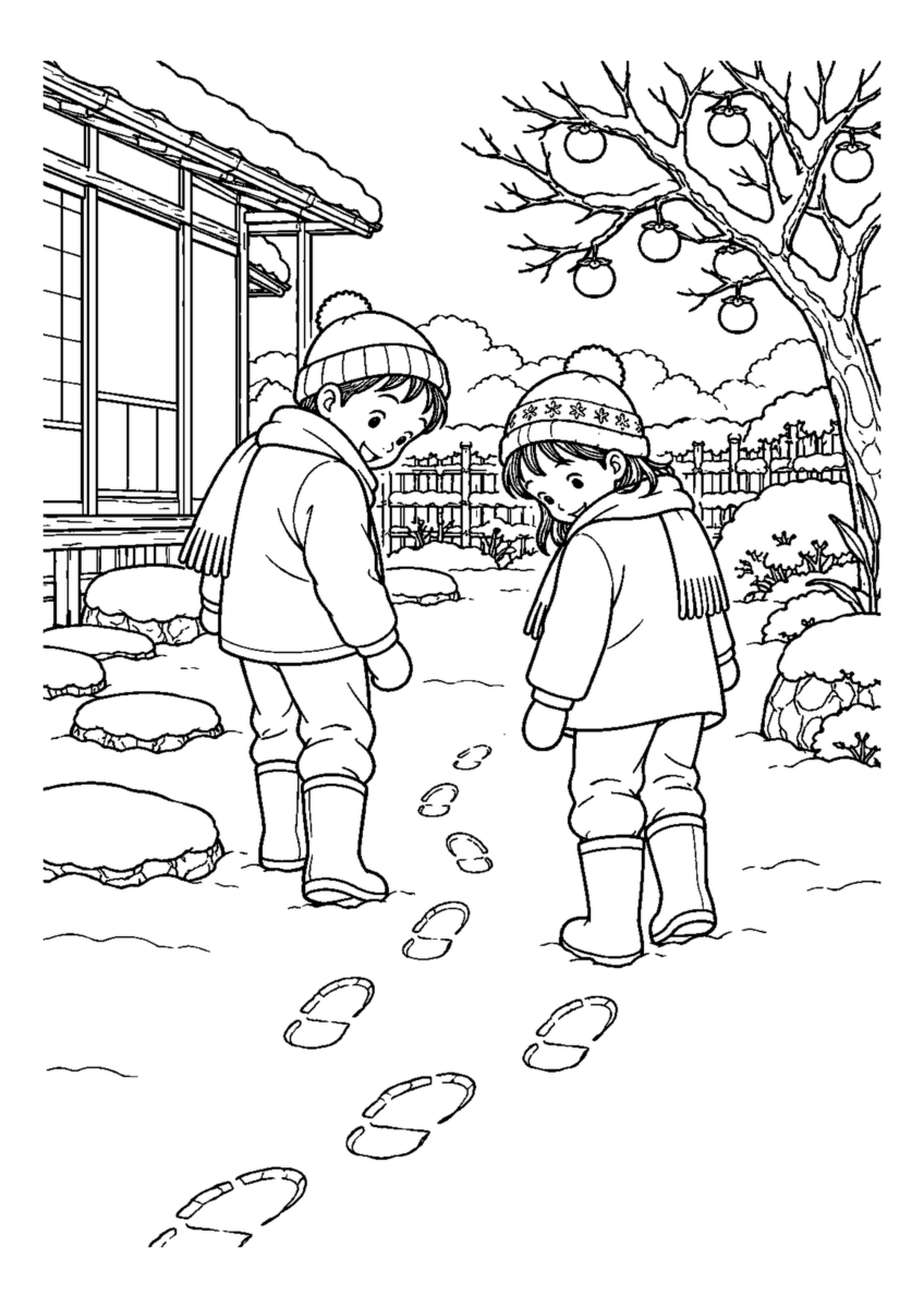 初雪の庭に足跡をつけるを大きく描いた高齢者向けの白黒塗り絵