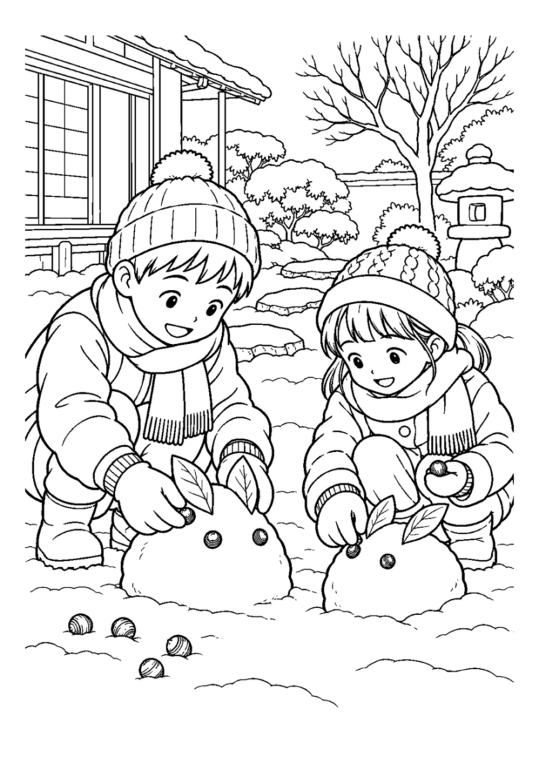 雪うさぎを作るを大きく描いた高齢者向けの白黒塗り絵