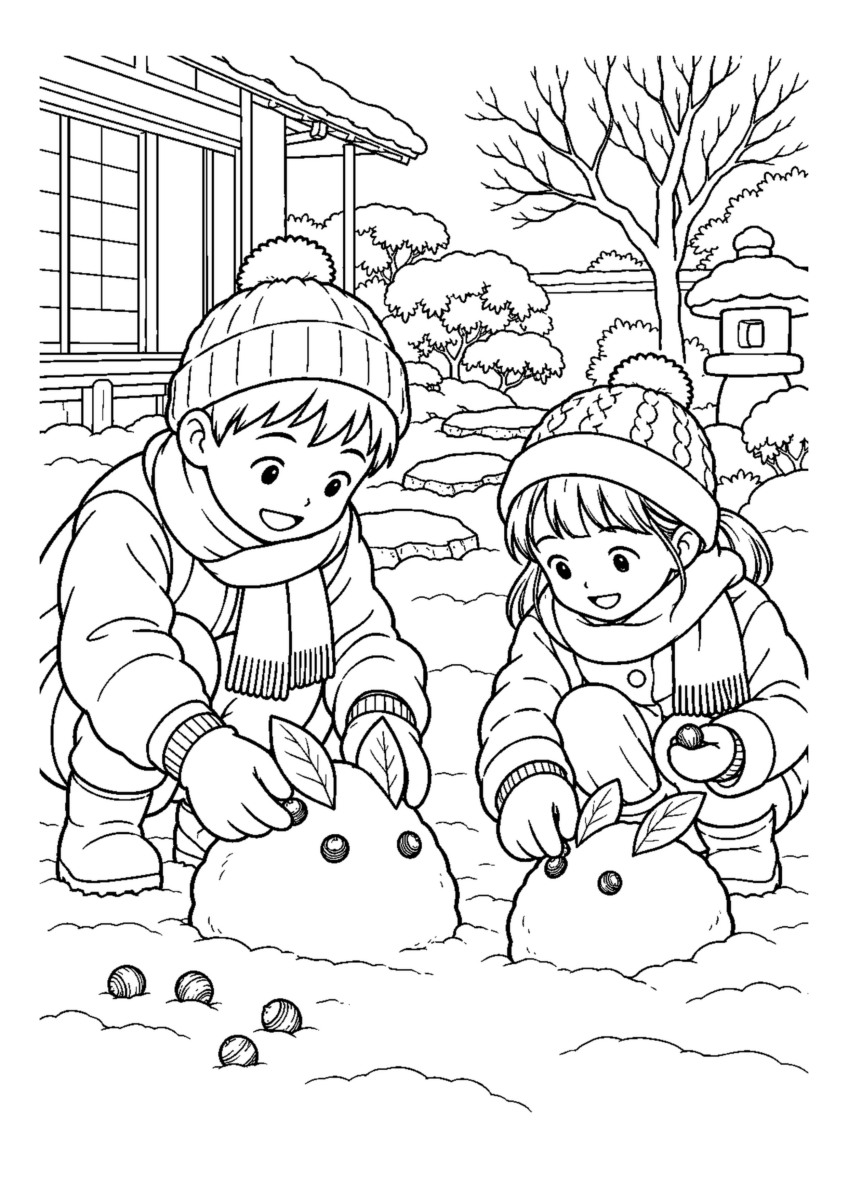 雪うさぎを作るを大きく描いた高齢者向けの白黒塗り絵