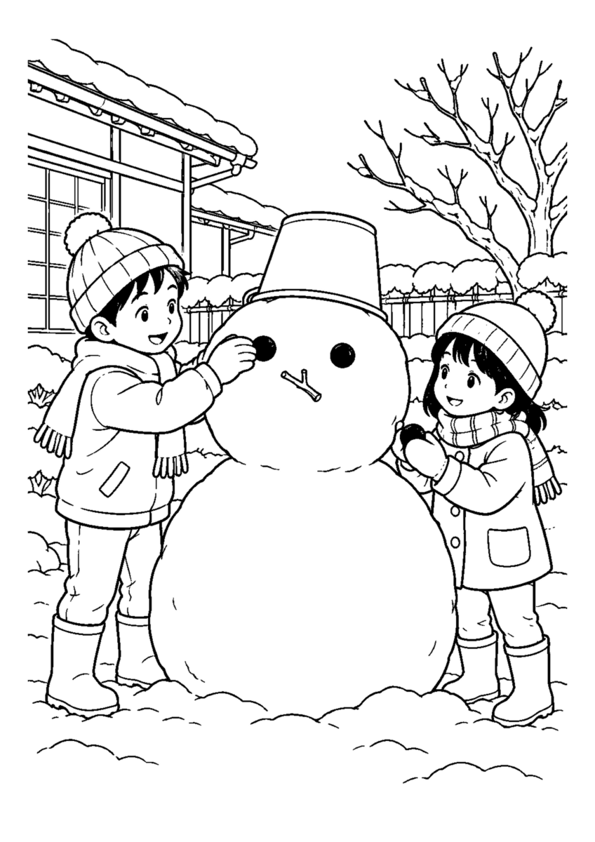 炭の目の雪だるまを大きく描いた高齢者向けの白黒塗り絵