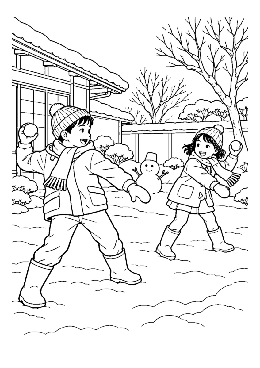 兄弟で雪合戦を大きく描いた高齢者向けの白黒塗り絵