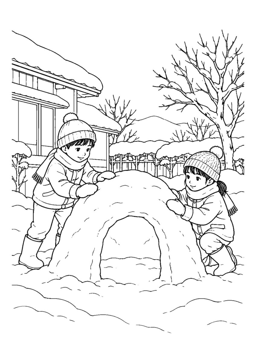 かまくらの入口を固めるを大きく描いた高齢者向けの白黒塗り絵