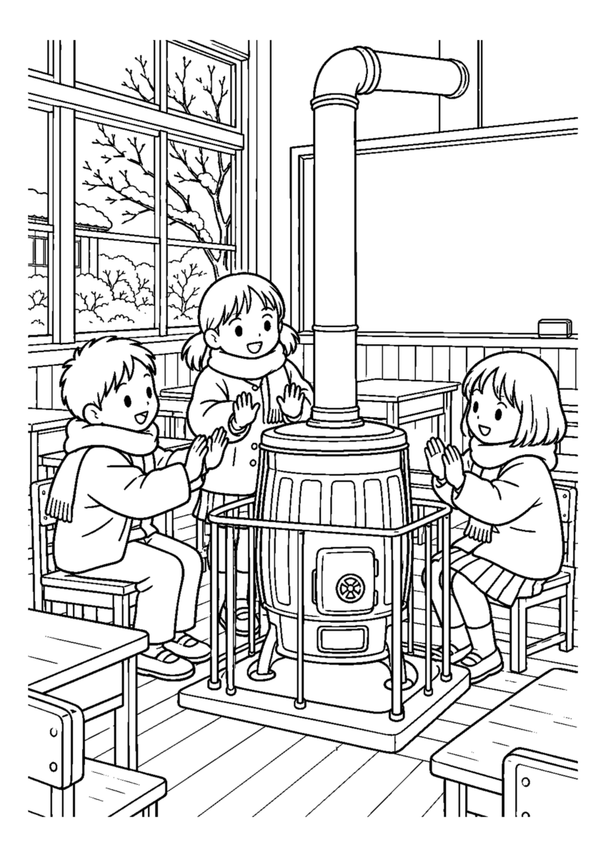 だるまストーブを囲む教室を大きく描いた高齢者向けの白黒塗り絵