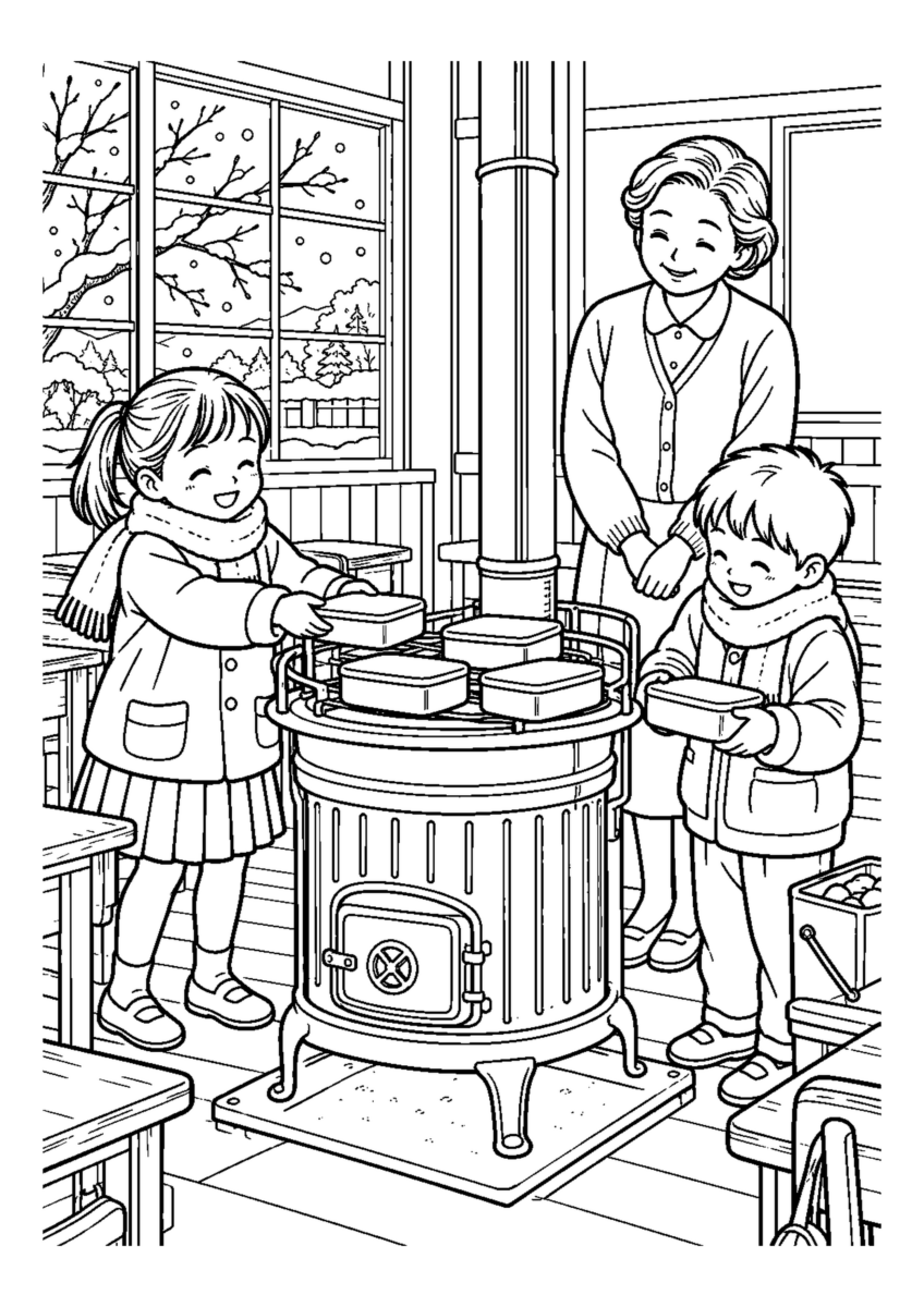ストーブで弁当を温めるを大きく描いた高齢者向けの白黒塗り絵