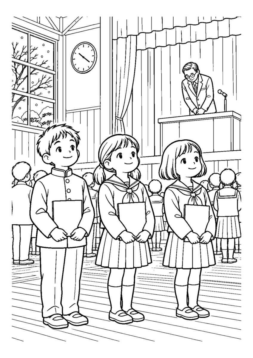 冬休み前の終業式を大きく描いた高齢者向けの白黒塗り絵