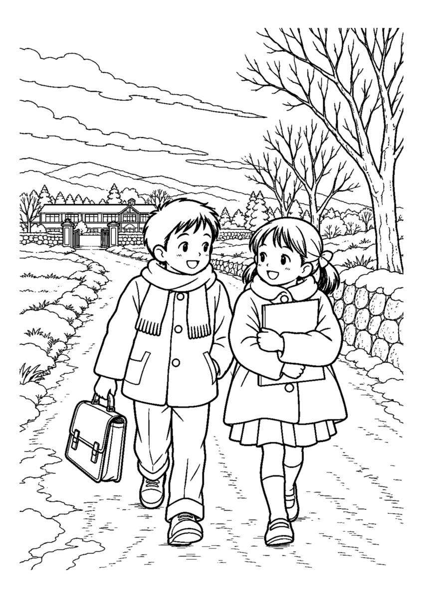 通知表を手に帰る道を大きく描いた高齢者向けの白黒塗り絵