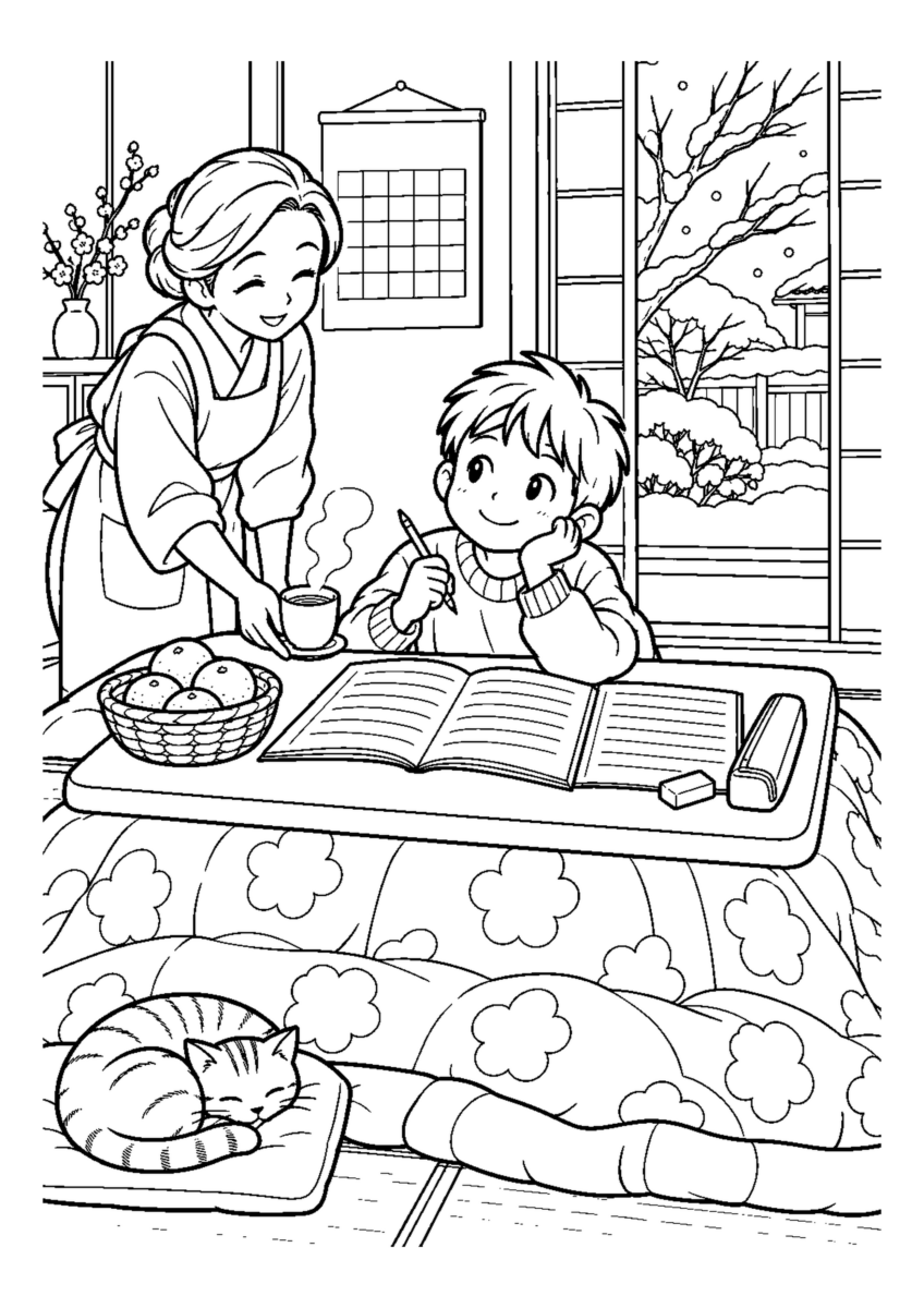 冬休みの宿題を広げるを大きく描いた高齢者向けの白黒塗り絵