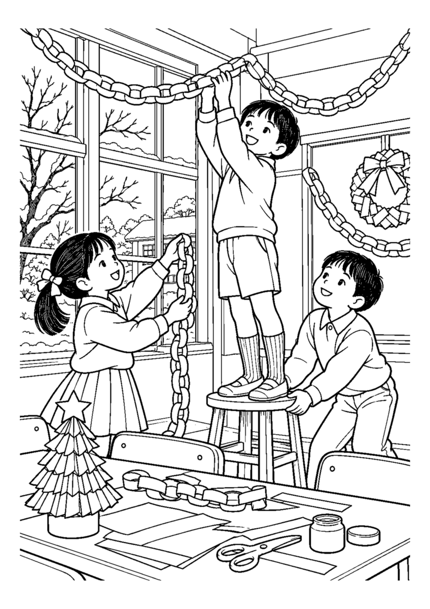 教室の紙輪クリスマス飾りを大きく描いた高齢者向けの白黒塗り絵