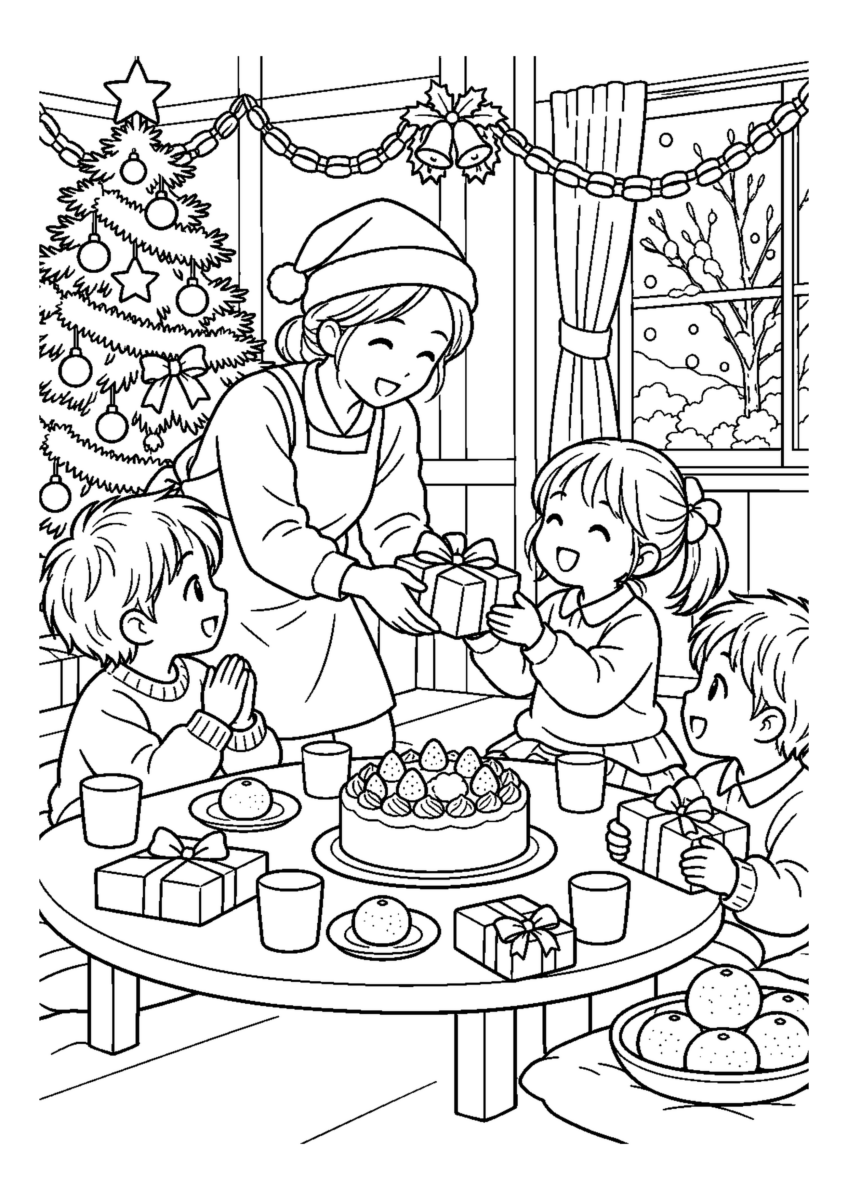子供会のクリスマス会を大きく描いた高齢者向けの白黒塗り絵