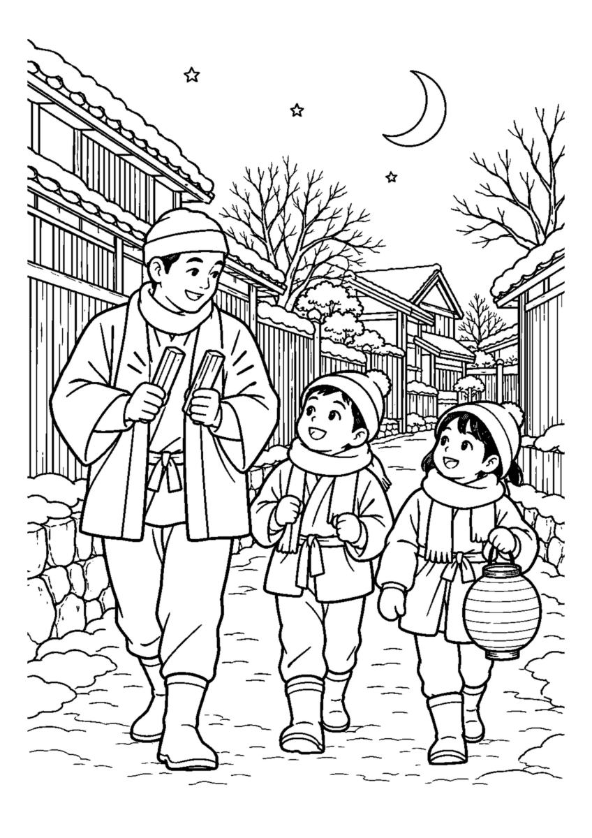 拍子木を打つ歳末夜回りを大きく描いた高齢者向けの白黒塗り絵