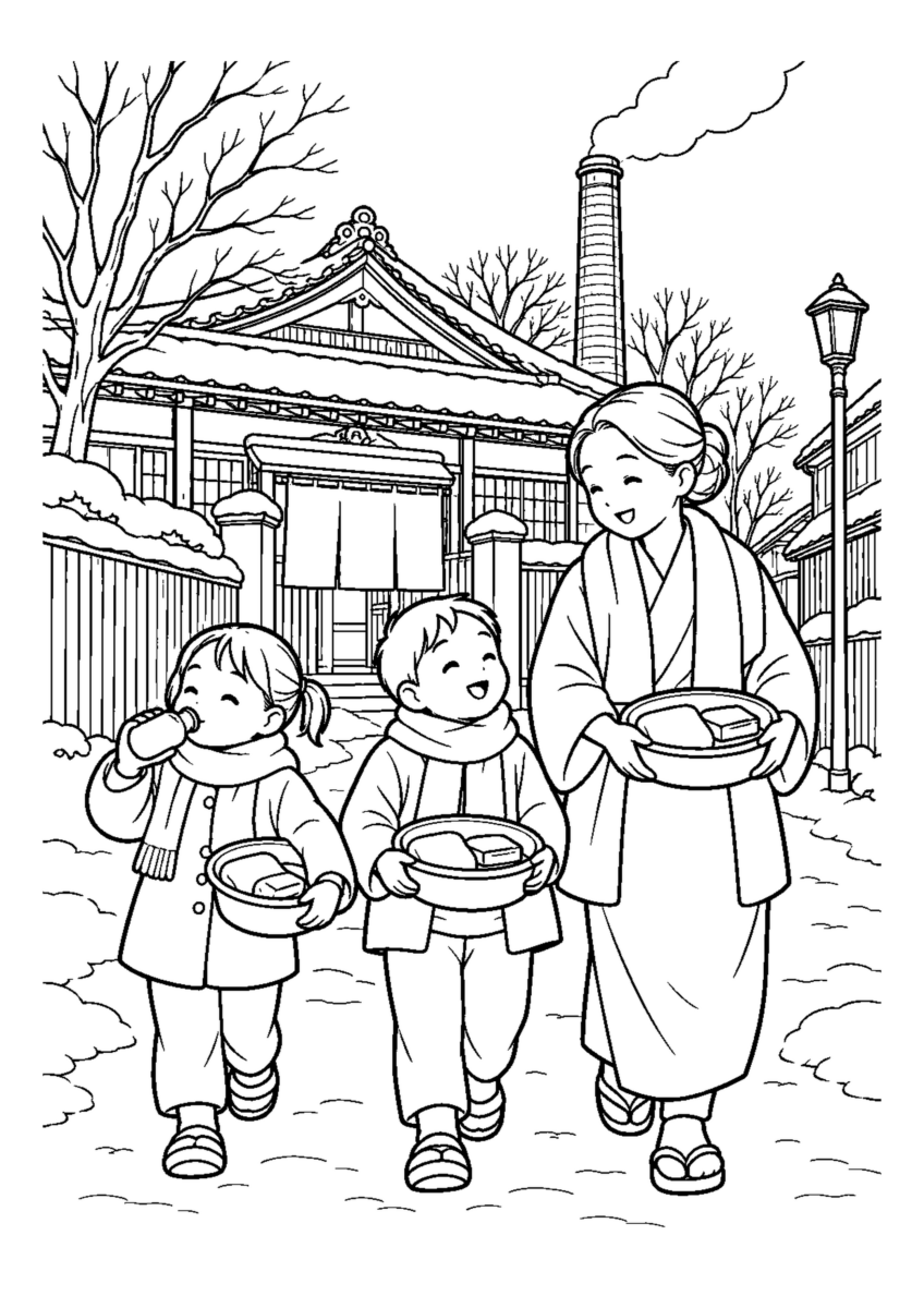 冬の銭湯帰りを大きく描いた高齢者向けの白黒塗り絵