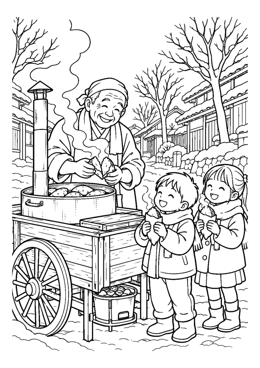 湯気の立つ焼き芋屋台を大きく描いた高齢者向けの白黒塗り絵
