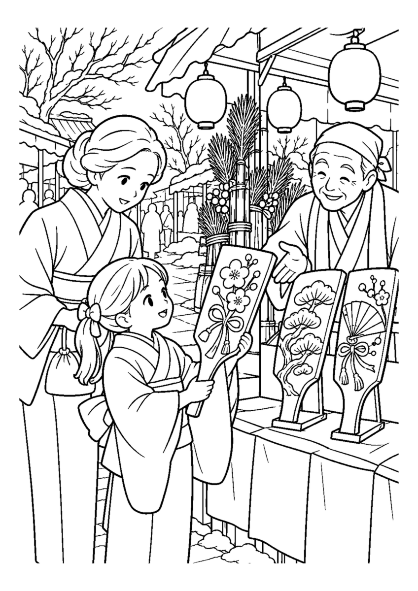羽子板を選ぶ歳の市を大きく描いた高齢者向けの白黒塗り絵
