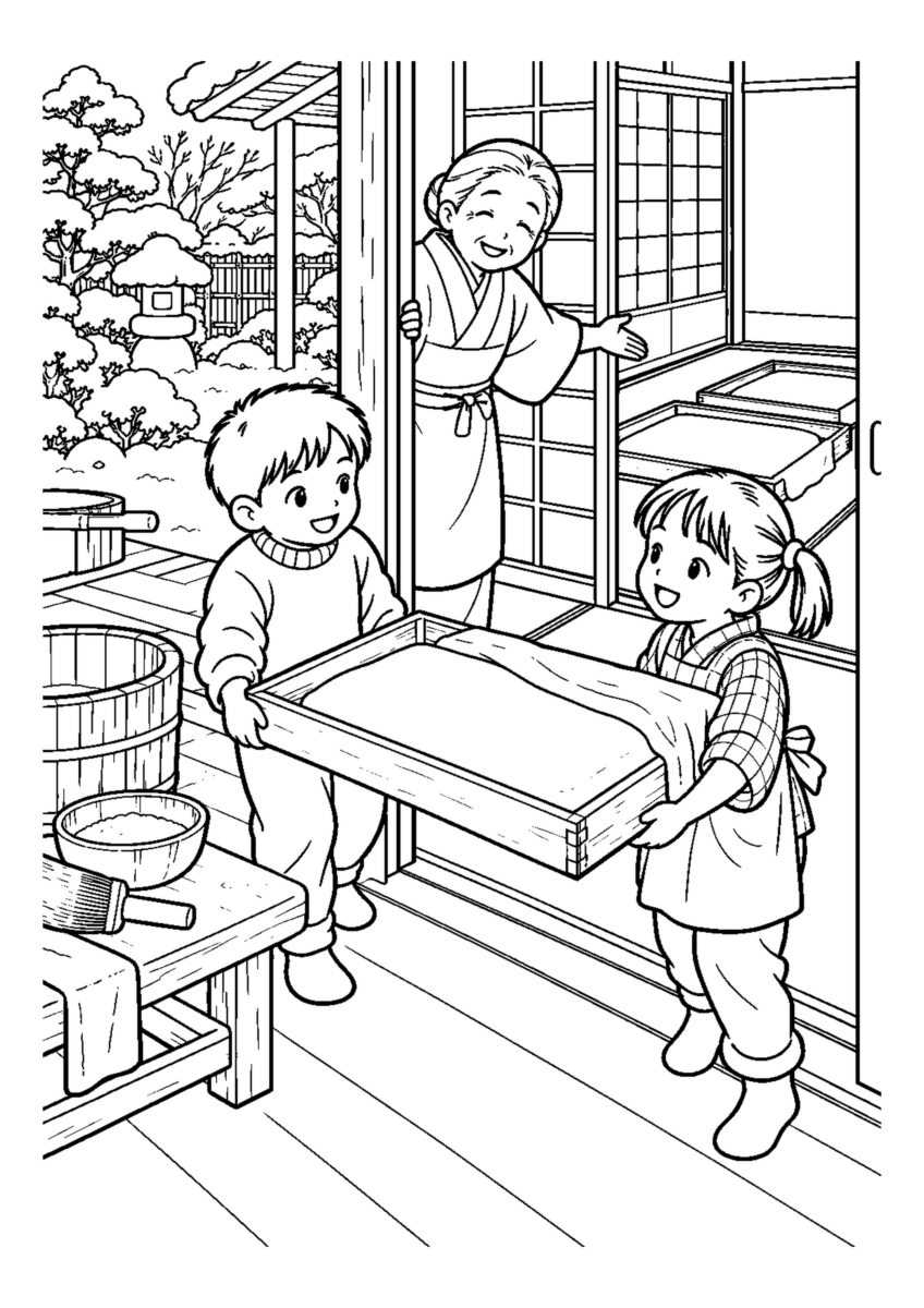 のし餅を運ぶ手伝いを大きく描いた高齢者向けの白黒塗り絵