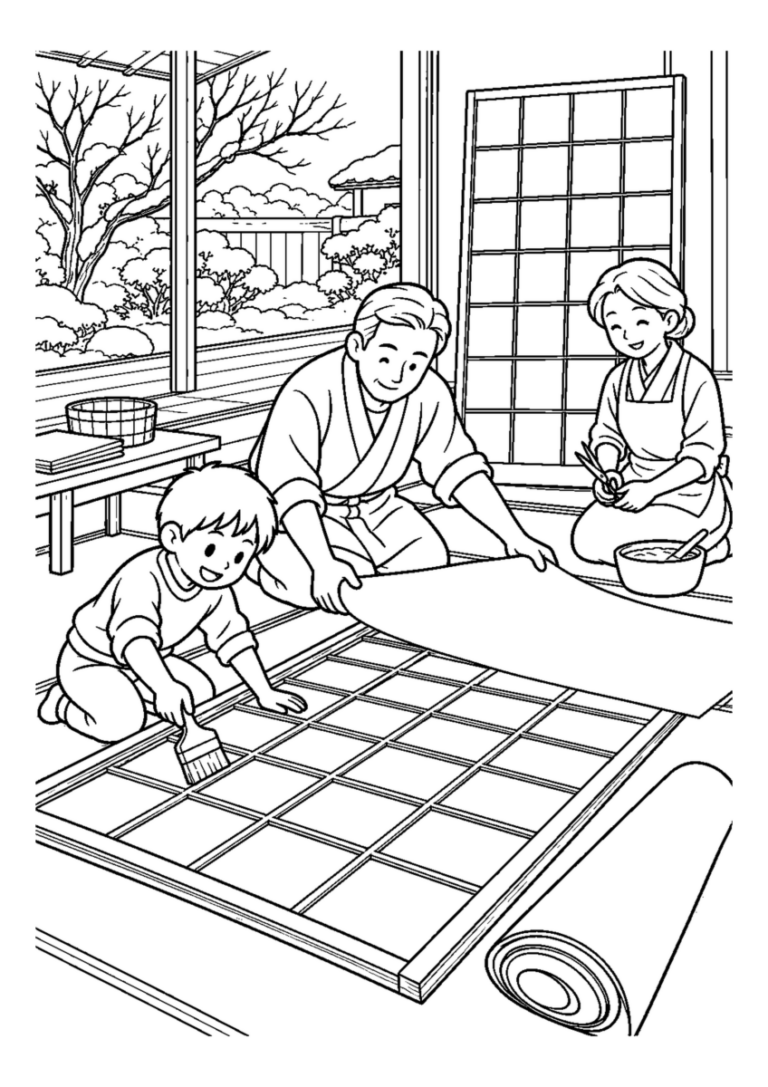 障子貼りを手伝う子どもを大きく描いた高齢者向けの白黒塗り絵