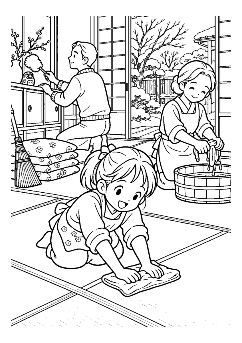 大掃除で畳を拭くを大きく描いた高齢者向けの白黒塗り絵