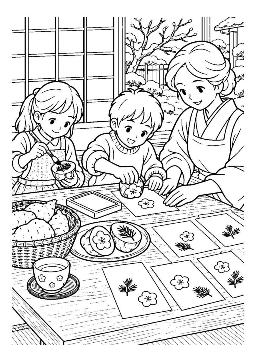 年賀状の芋版を押すを大きく描いた高齢者向けの白黒塗り絵