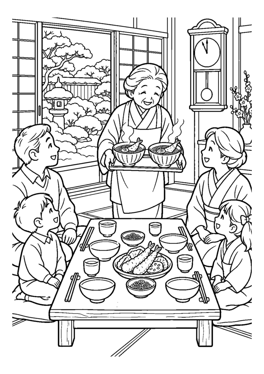 年越しそばを待つ食卓を大きく描いた高齢者向けの白黒塗り絵