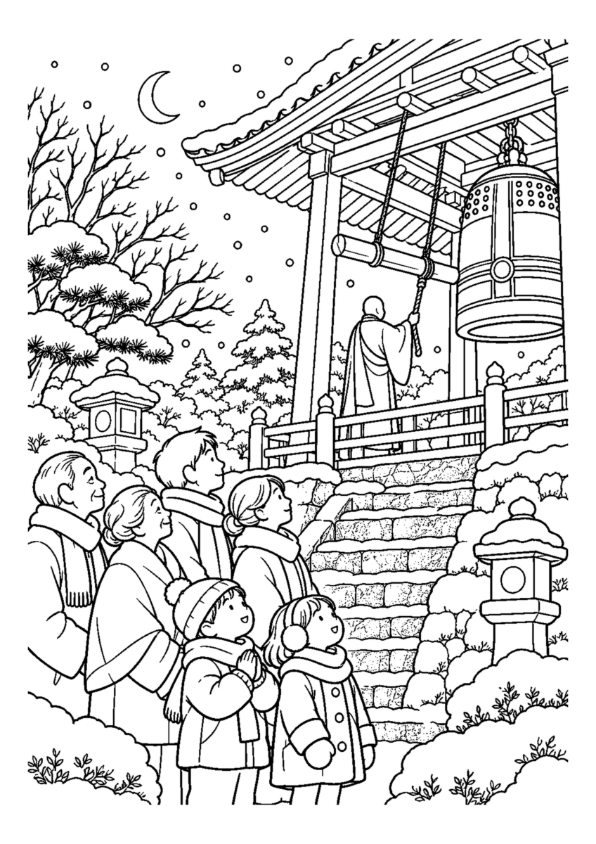 除夜の鐘を家族で聞くを大きく描いた高齢者向けの白黒塗り絵