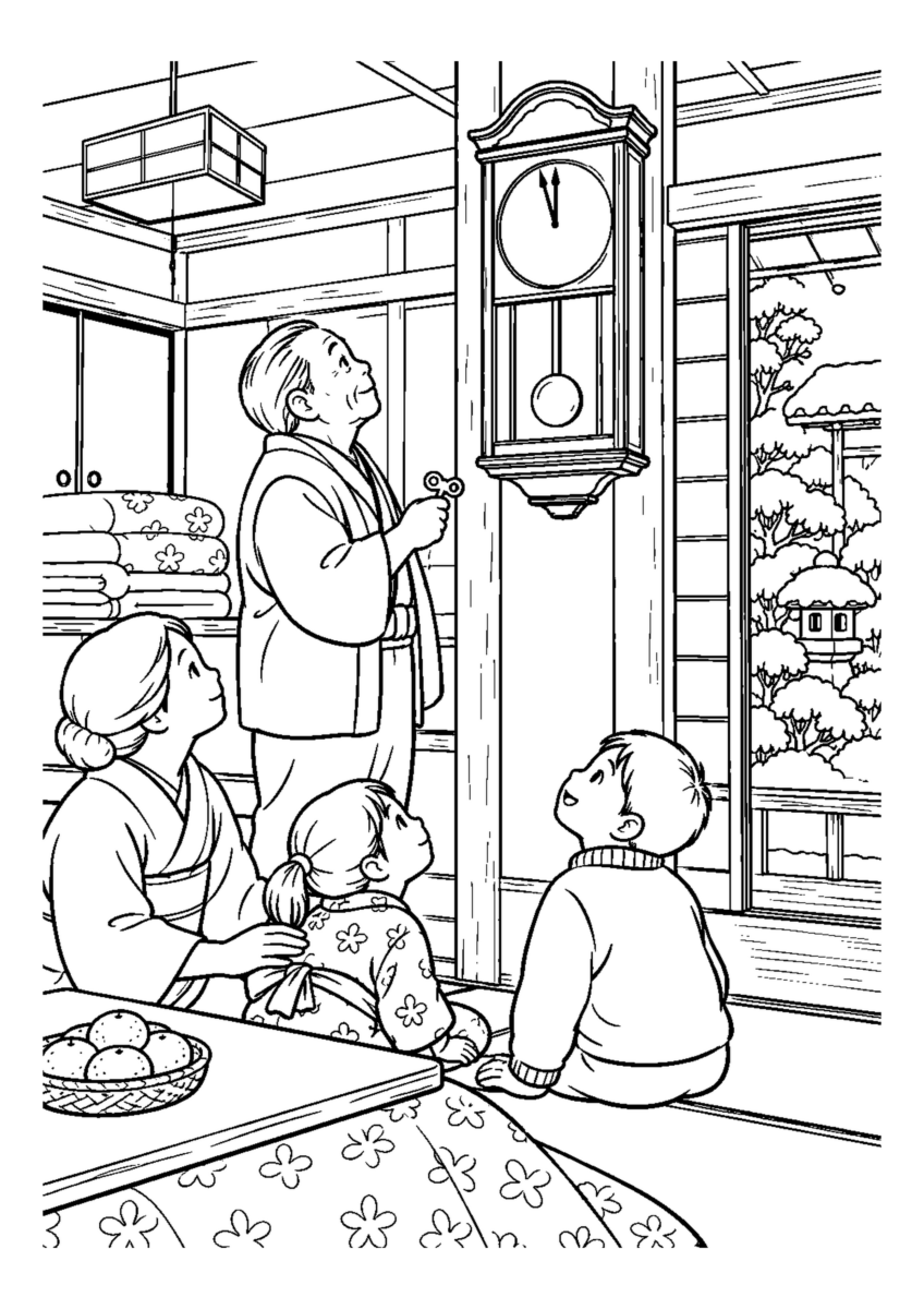 大晦日の柱時計を見上げるを大きく描いた高齢者向けの白黒塗り絵