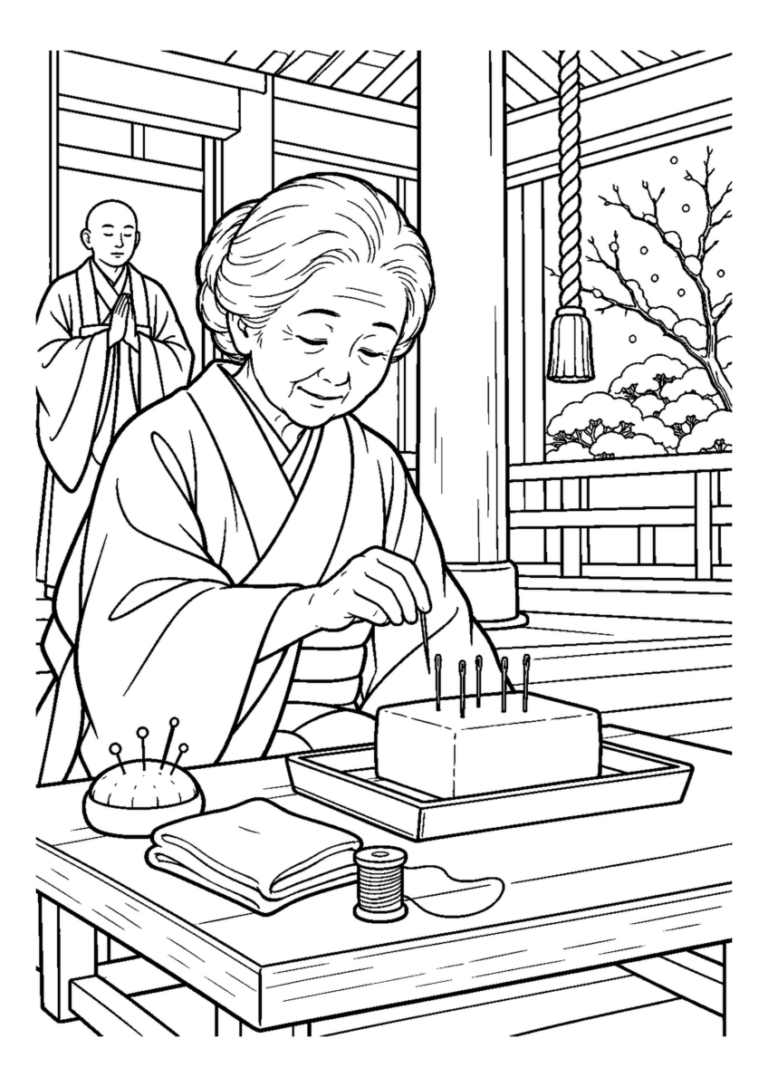 針供養の豆腐に針を休ませるを大きく描いた高齢者向けの白黒塗り絵