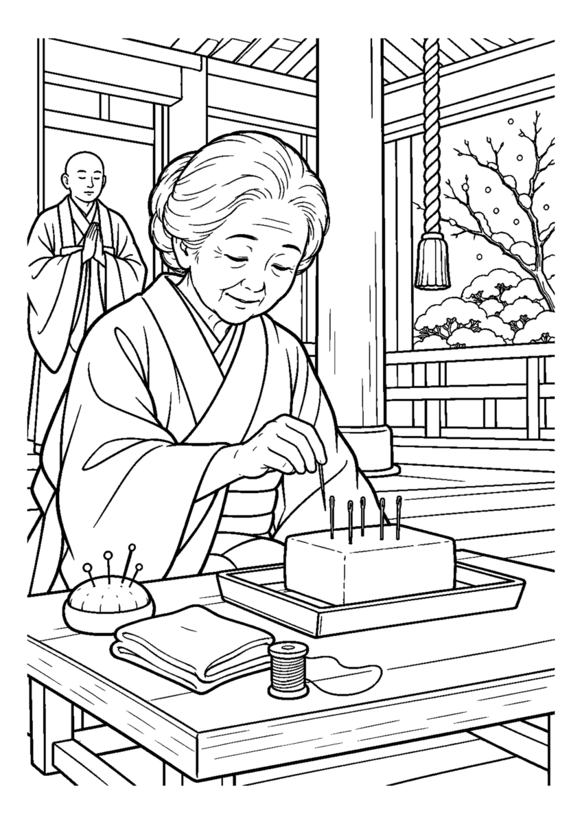 針供養の豆腐に針を休ませるを大きく描いた高齢者向けの白黒塗り絵