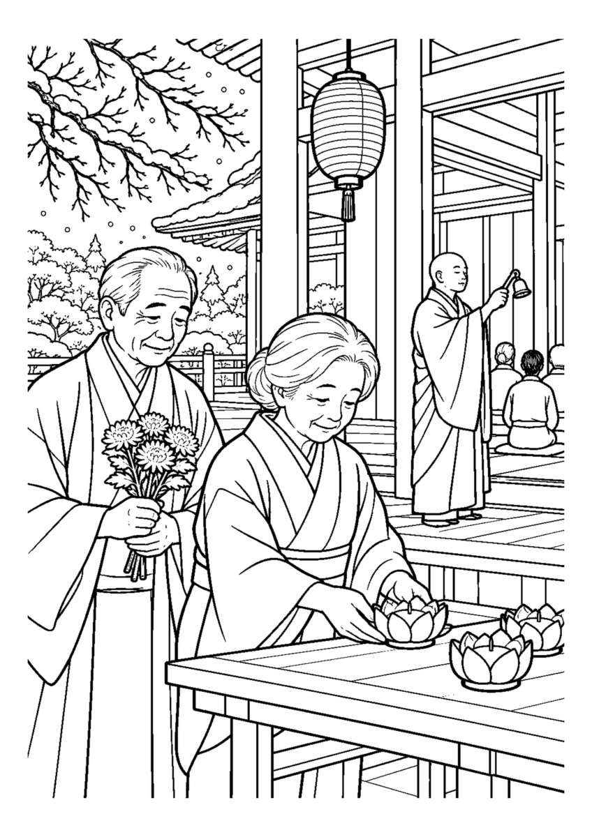 成道会の寺に集うを大きく描いた高齢者向けの白黒塗り絵