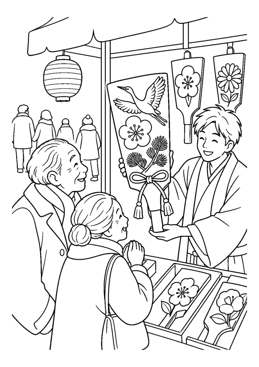 羽子板市で押絵羽子板を眺めるを大きく描いた高齢者向けの白黒塗り絵