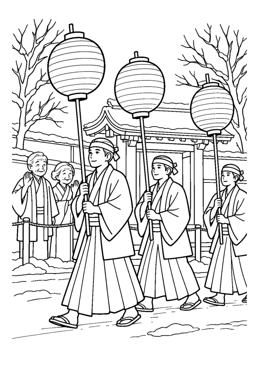 義士祭の提灯行列を大きく描いた高齢者向けの白黒塗り絵