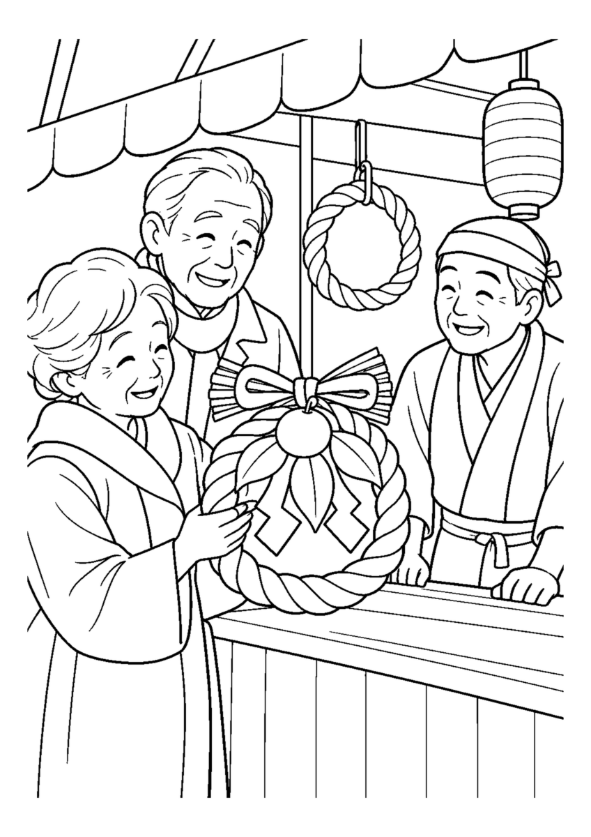 歳の市でしめ飾りを選ぶを大きく描いた高齢者向けの白黒塗り絵