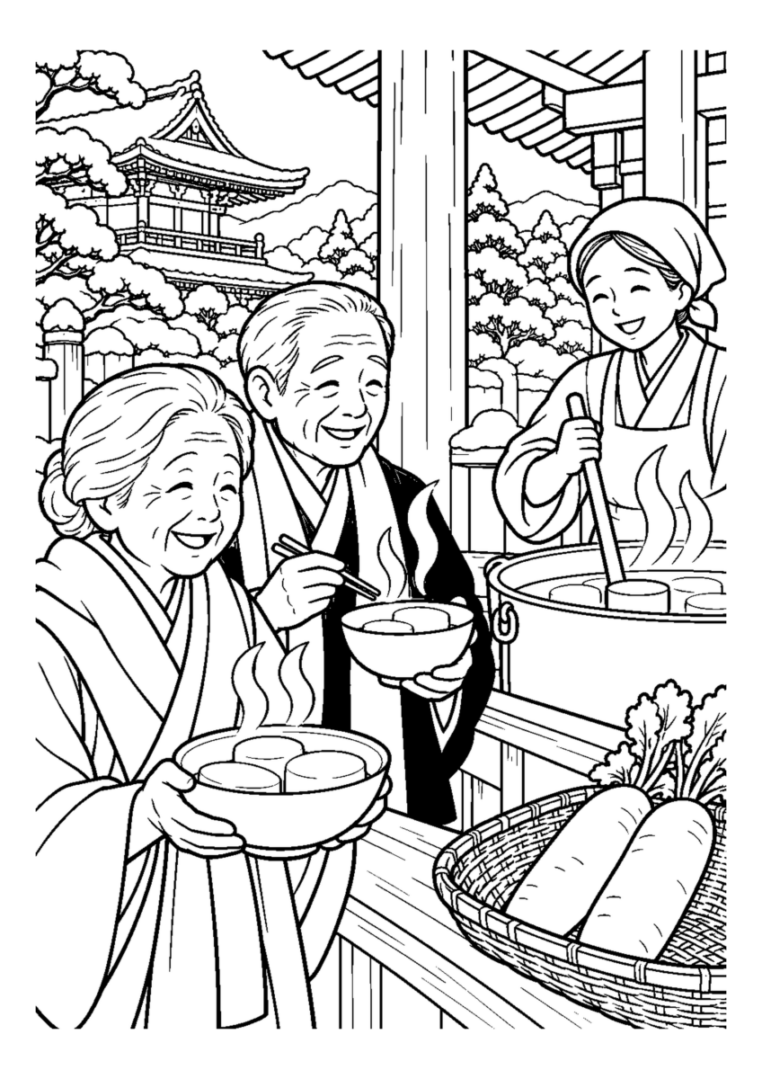 京都の大根焚きを大きく描いた高齢者向けの白黒塗り絵