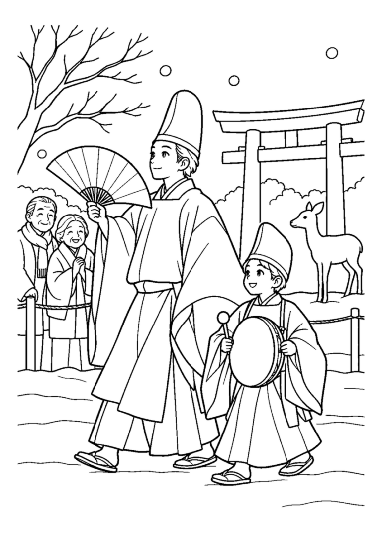 若宮おん祭の時代行列を大きく描いた高齢者向けの白黒塗り絵
