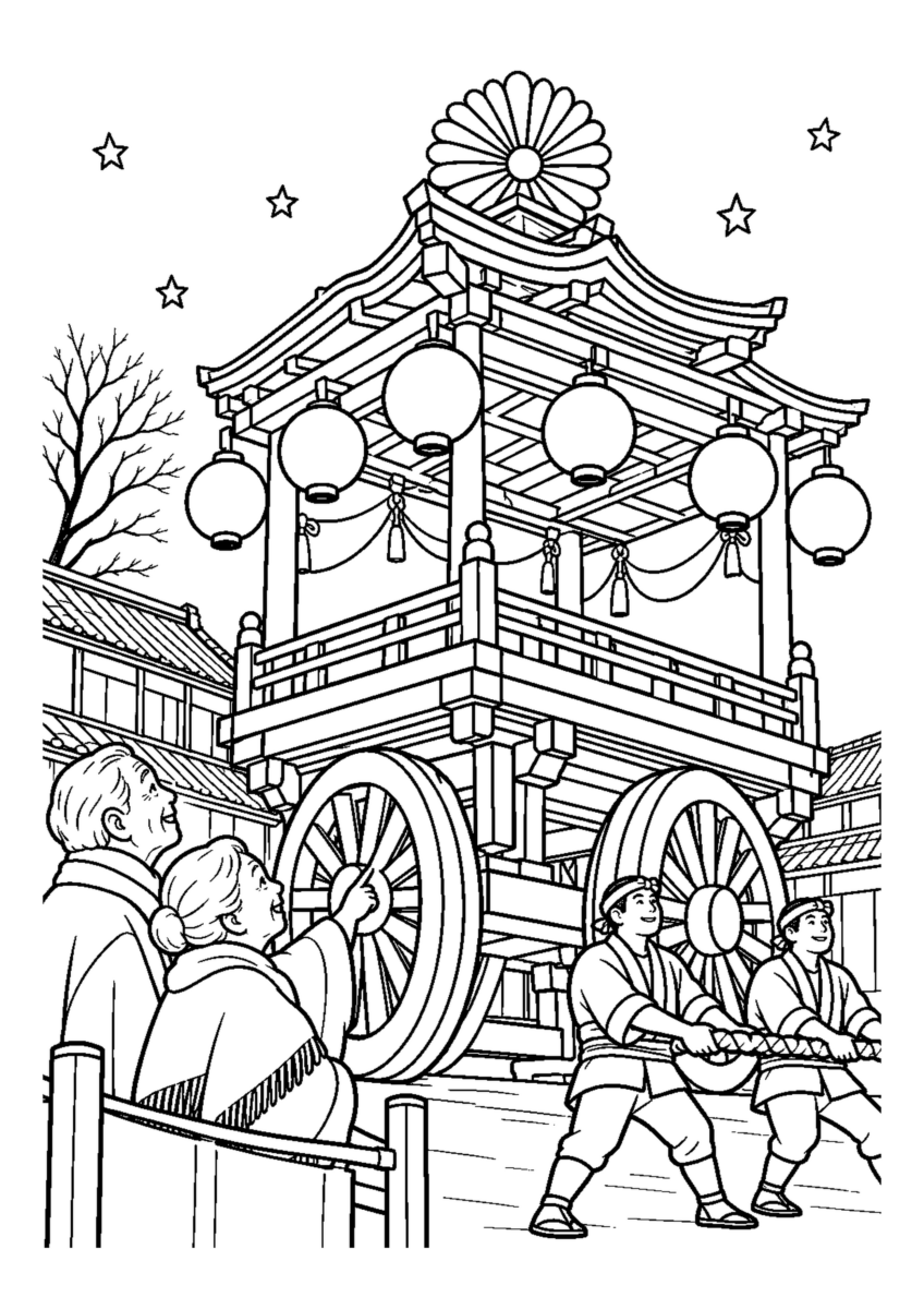 秩父夜祭の笠鉾を見上げるを大きく描いた高齢者向けの白黒塗り絵