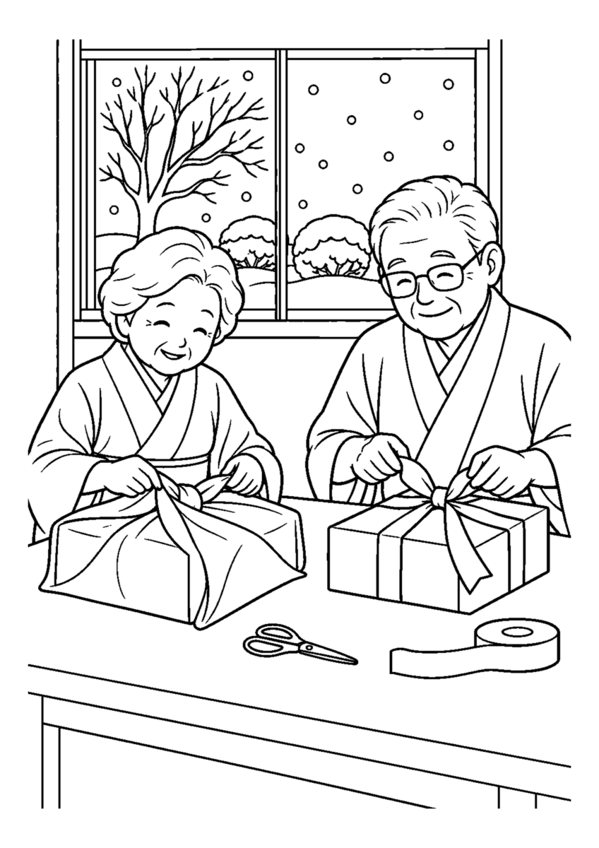 お歳暮の包みを整えるを大きく描いた高齢者向けの白黒塗り絵