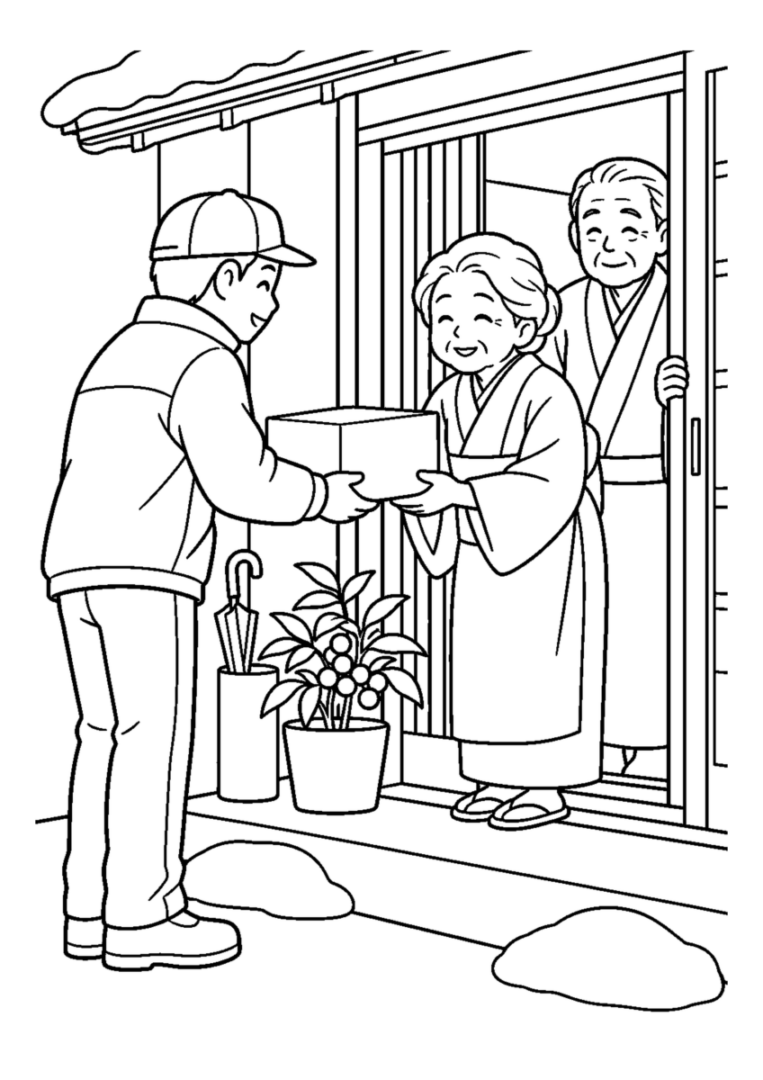 お歳暮を届ける配達員を大きく描いた高齢者向けの白黒塗り絵