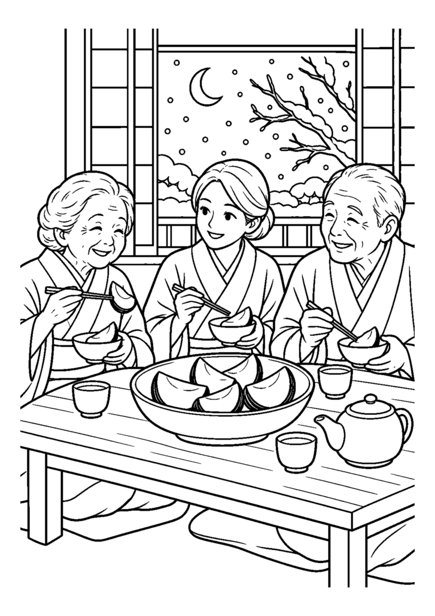 冬至かぼちゃの食卓を大きく描いた高齢者向けの白黒塗り絵
